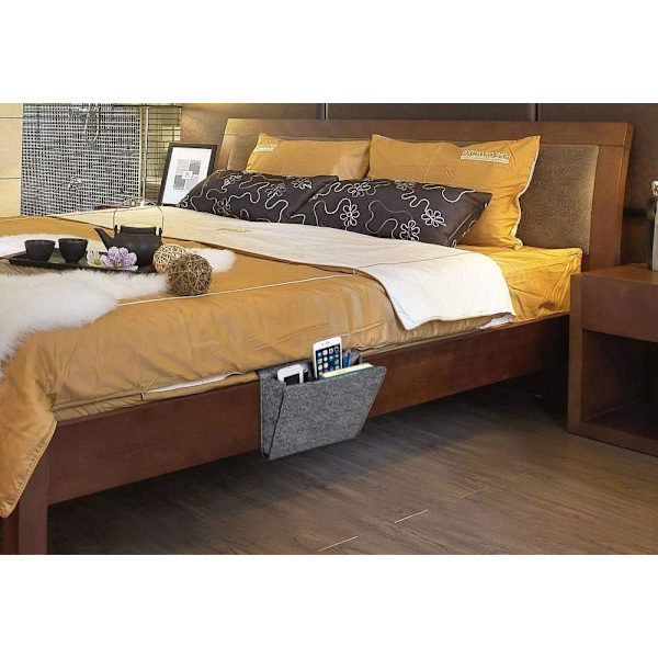 Tykkere sengeborde lommeopbevaringsholder, filt sengebord caddy hjem sofa skrivebord seng caddy opbevaringsarrangør med 2 små lommer (grå med hul)
