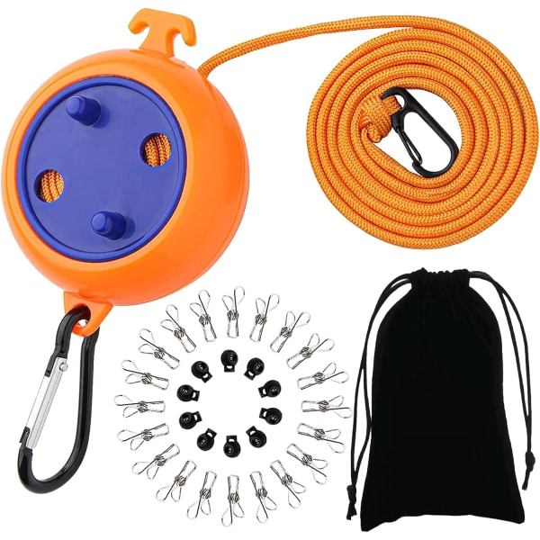 Bærbar klesline for reiser, justerbar klesline for camping, 8m anti-tangle opprullbar klesline, med 10 faste spenner og 20 klesklyper (8m oransje)