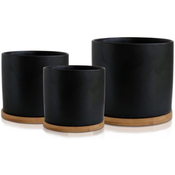 Keramisk Blomkruka Set med Bambusbricka Svart Inomhus Blomkruka Svart Blomkruka Set Keramisk Blomkruka Behållare Utomhus med Underfat (Stor)