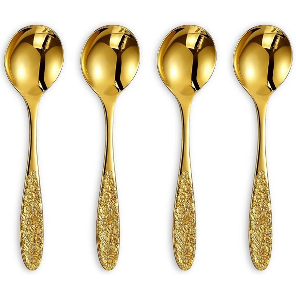 Sunflower Soup Spoon, Set Of 4, 18/10 Stainless Steel, Gold Visions Bouillon Spoon.fine Mirror Polished