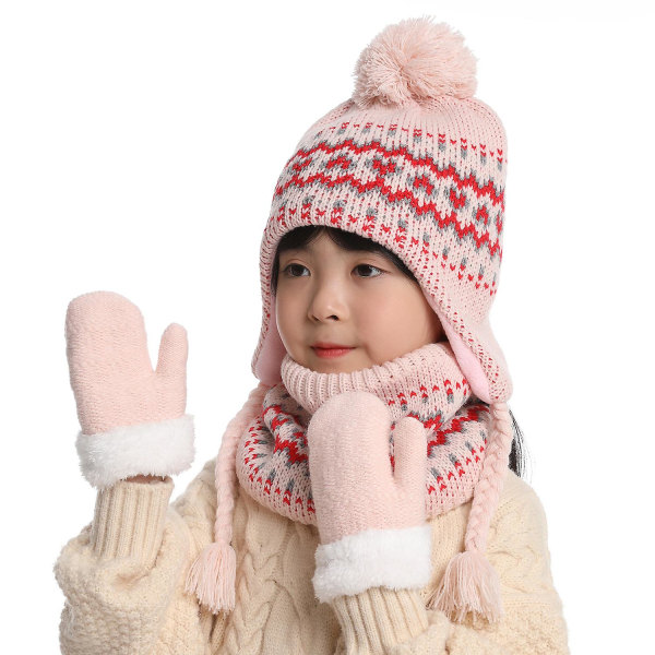Vintermössa för barn Halsdukshandskar Set För Barn Flickor Pojke Varm stickad mössa med öronlapp 1 set Pink