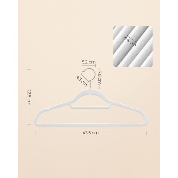 Fløyelshengere, sett med 20 kleshengere, sklisikre, med knytestang og 360° svingbar krok, plassbesparende, for kjoler Bukser, hvit