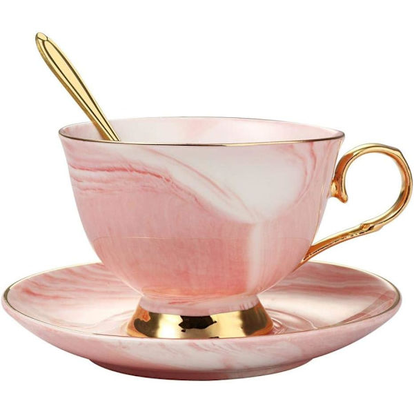 Marmor Keramisk Kopp og Skålsett Kamelia Mønstret Bone China Kaffe Krus Te Kopp Gullkant med Kaffe Kopp, Skål og Skje, 200ml (Rosa)