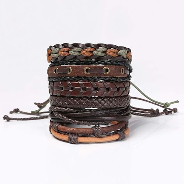 Læderarmbånd, 6 stk. justerbare mode punk stil flettede herre dame reb armbånd vintage manchet wrap armbånd sæt