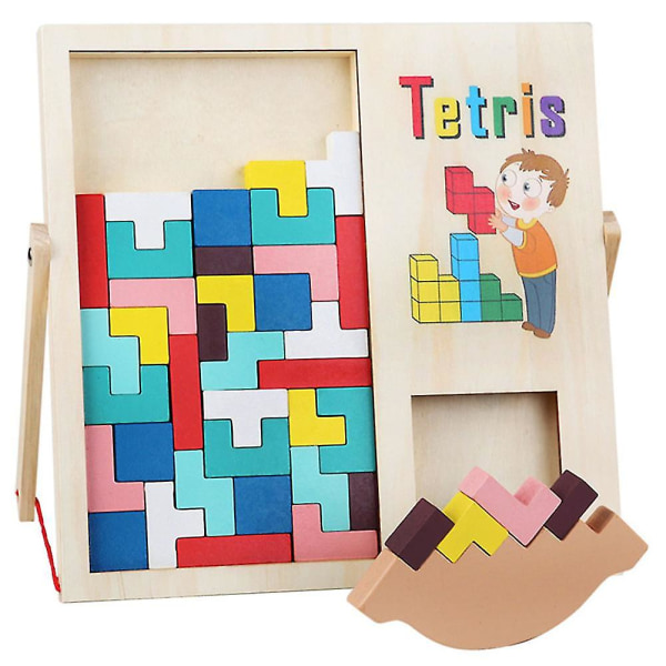 Träkubstaplingsspel med mångfärgade tegelstenar Tetrisleksaker