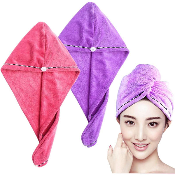 Hårhandduk Ultra Vattenabsorberande Twist Hår Turban Torkhuva Hår Wrap (2st Rosa Lila)