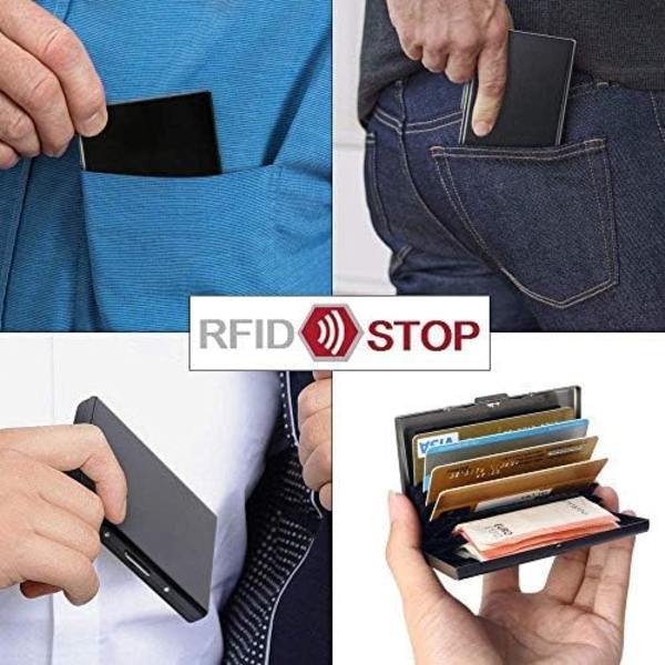 Ultra tynd rustfrit stål metal tegnebog RFID blokering kreditkort tegnebog holder, bedste kortbeskytter med 6 PVC-pladser og rustfrit stål lås