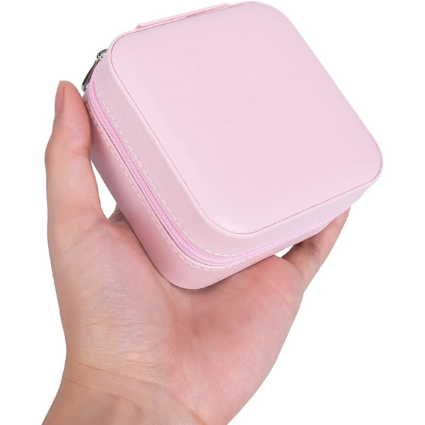Mini bærbar smykkeskrin arrangør, rejse smykkeskrin, læder dobbelt lag med spejl, gaveæske piger kvinder Pink