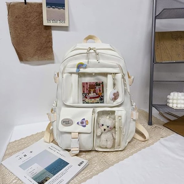 Kawaii Rygsæk, Stor Kapacitet Sød Bjørn Tilbehør Rygsæk til Skole Multi Lomme Rygsæk til Teenagere Piger Sød Kawaii Rygsække (Beige)