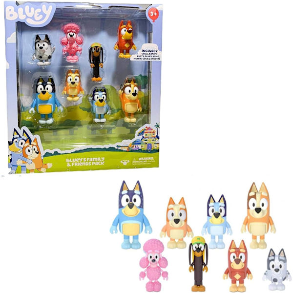 Bluey perhe ja ystävät -hahmo 8-pakkaus: Nivellettyjä 2,5 tuuman toimintaleluja; Bluey, Bingo, Bandit (isä), Chilli (äiti), Coco, Snickers, keräilylelu