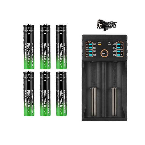 1 stk 2-spors - Batterilader + 6 stk 3,7v 18650 9800mah Batteri for oppladbar batteri 18650/2665