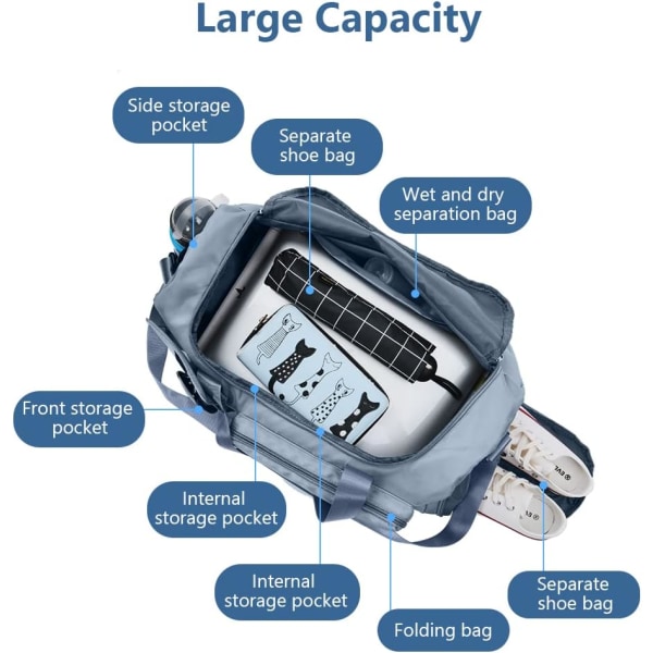 Matkatavaralaukku, taitettava kuntosalilaukku, yön yli kestävä viikonloppulaukku naisille, märkä- ja kuivaerottelulaukulla, suuri käsimatkatavaralaukku urheiluun ja matkustamiseen Blue