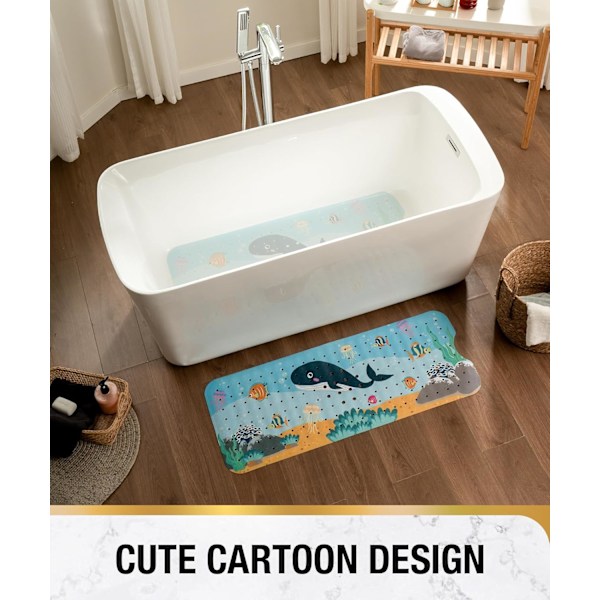 Baby Bade Måtte Skridsikker, 100 x 40 cm Ekstra Lang Badekar Måtte til Børn, Badeværelses Brusemåtte med Sugekopper og Drænhuller, Maskinvaskbar