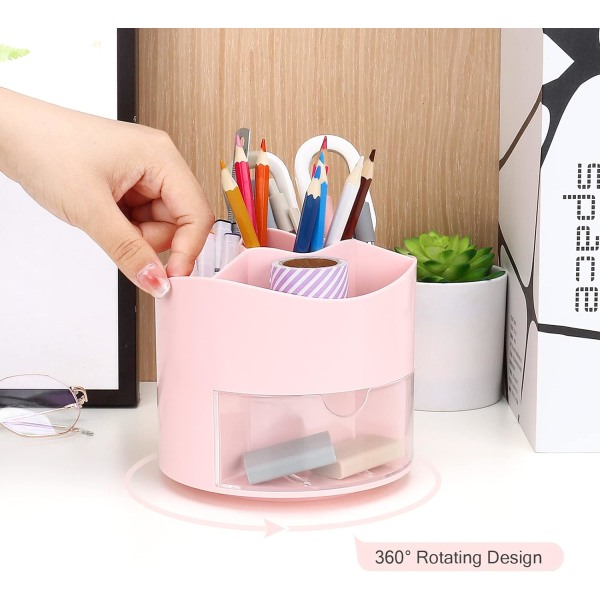 Roterande penna pennhållare, 4 fack Pennkruka - Skrivbordspapper Förvaring Makeup Borstar Hållare för hem och kontor, Pen Organizer (rosa)