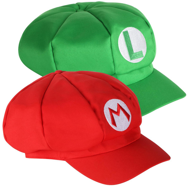 Pakkauksessa 2 Mario ja Luigi -hattua, punainen ja vihreä videopeliteemapäällinen