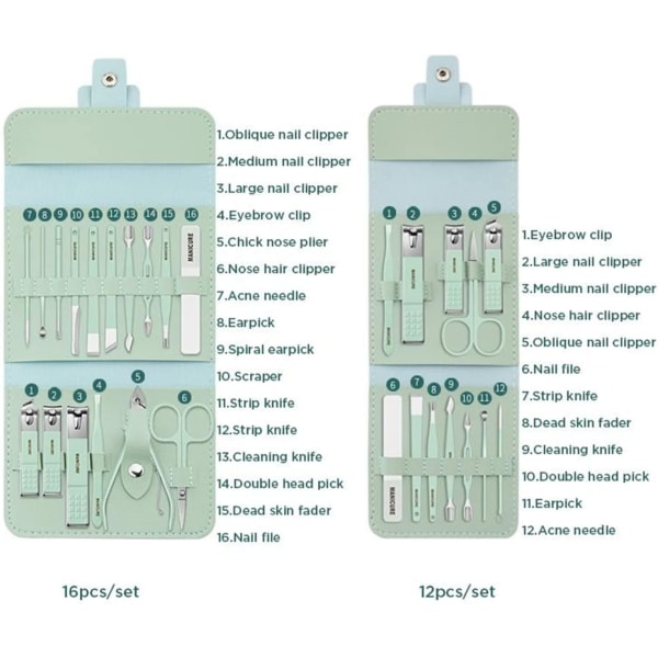 Negleklippere Portabel Sæt - Manikyr Sæt  Rustfrit Stål Negleklippere Sæt Med Foldbar Taske Manikyr Cutter Sæt (16 STK/SÆT, Grøn)