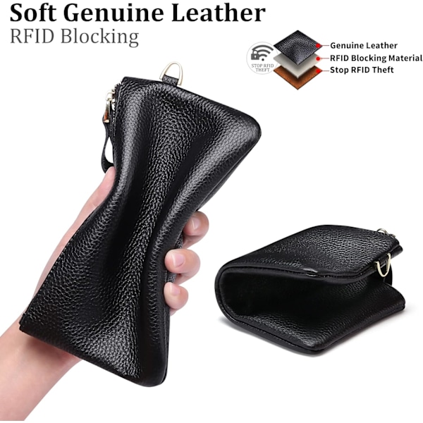 Håndleddsveske for kvinner, RFID-blokkerende Clutch-vesker for kvinner, ekte lærhåndvesker for kvinner med håndleddsstropp og glidelåslomme for mynter Black