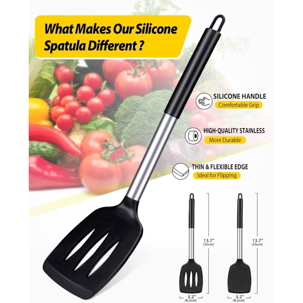 Silikonspatelset om 2, Värmebeständig Non-Stick Spatel, Köksredskap för Servering, Stekning, Matlagning av Ägg, Fisk, Grönsaker, Biff (Svart)