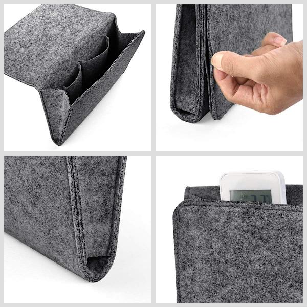 Tykkere sengeborde lommeopbevaringsholder, filt sengebord caddy hjem sofa skrivebord seng caddy opbevaringsarrangør med 2 små lommer (grå med hul)