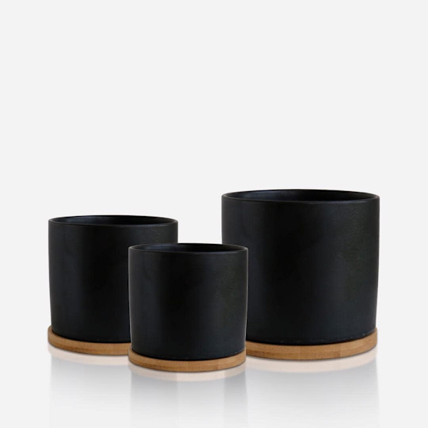 Keramisk Blomkruka Set med Bambusbricka Svart Inomhus Blomkruka Svart Blomkruka Set Keramisk Blomkruka Behållare Utomhus med Underfat (Stor)