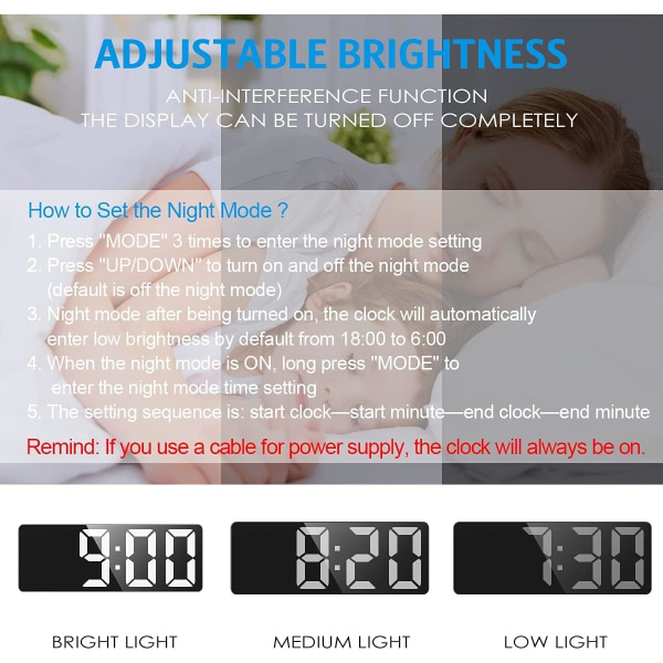 Digital vekkerklokke, [oppgradert versjon] LED-klokke for soverom, elektronisk skrivebordsklokke med temperaturvisning, justerbar lysstyrke, stemmekontroll