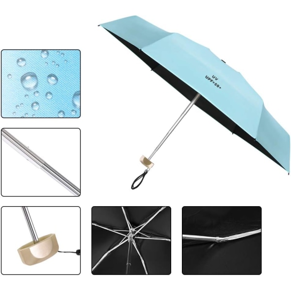 Miniskydd, Gummityg & 6 Aluminiumlegering Ribbor, Vikbart Kompakt Reseskydd, UPF>50+ UV-Resistent, Regn och Sol
