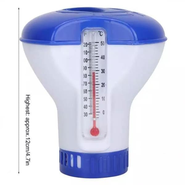 RICEEL flydende klordispenser til swimmingpools – Termometer 0–50°C, justerbar dosering til 1\" tabletter (kapsel 20–25)