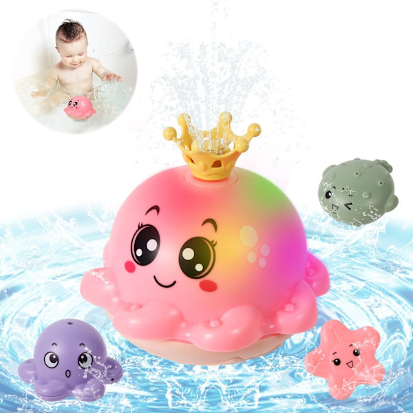 Baby badelegetøj til 1 2 3 år gamle drenge og piger, LED automatisk sprayvand blæksprutte lyser op badekar svømmebassin legetøj gaver til småbørn 0-6 måneder Pink Octopus