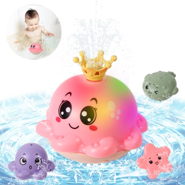 Baby badleksaker för 1 2 3 år gamla pojkar flickor, LED automatisk spray vatten bläckfisk lyser upp badkar simbassäng leksaker presenter för småbarn 0-6 månader Pink Octopus
