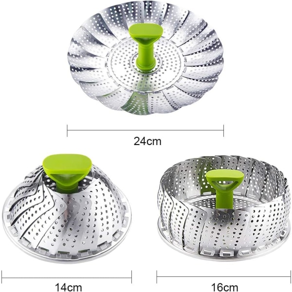 Grønnsaksdamperkurv, sammenleggbar dampinnsats i rustfritt stål med anti-varmt forlengbart håndtak og sklisikre ben