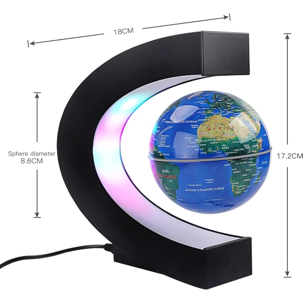 Flytende jordklode med fargede LED-lys C-form Anti-gravitasjon Magnetisk levitasjon Roterende verdenskart for gave hjemmekontor skrivebordsdekorasjon