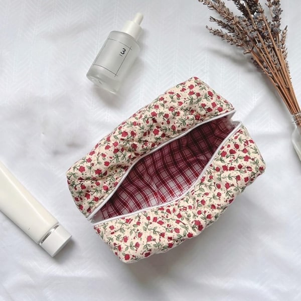 Floral Puffy Quilted Makeup Bag Stor Rejse Kosmetik Taske - Red