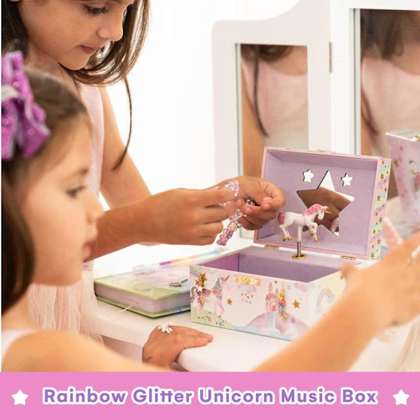 Enhjørning Smykkeæske Gaver - Smykkeæske til Piger med Skuffe, Glitter Regnbue Børnesmykkeæske med Melodien The Beautiful Dreamer Cotton Candy Unicorn