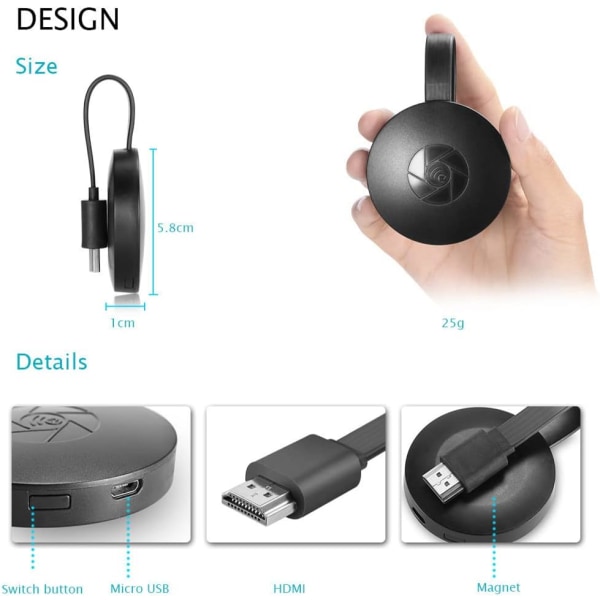 Trådløs Display Adapter, 1080P 2.4GHz til Android/IOS/Windows/Mac/Projektor