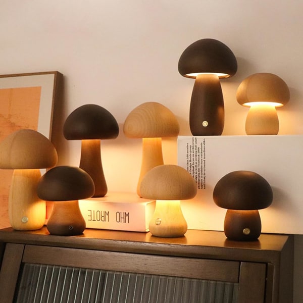 Nattlys, bordlampe søt liten sopp skrivebordslampe i tre vintage stil bordlampe Bærbar Justerbar nattlys Nattlampe (D -Valnøtt)