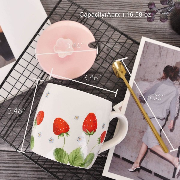 13 oz jordbærmønster keramisk krus porselen kaffekopper Melkete kopp, med skje og lokk, for kontor hjemme
