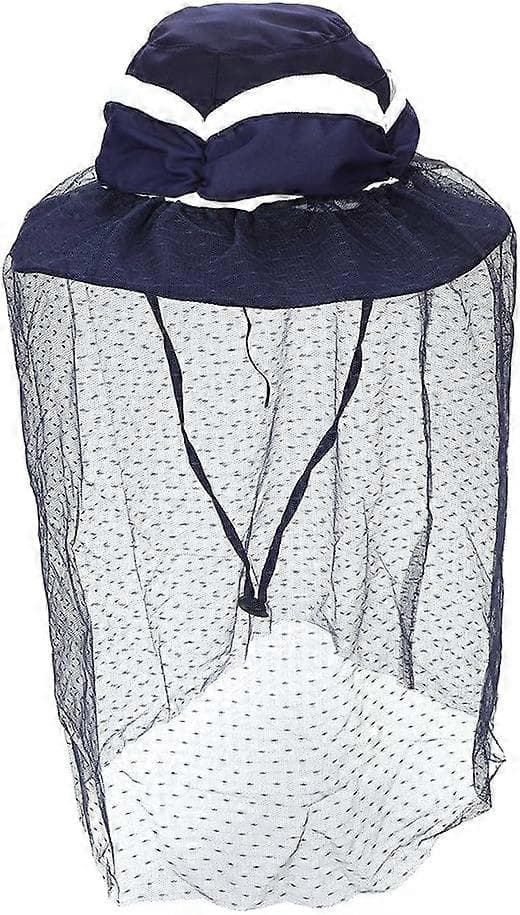 Dame Bucket Hat Bredskyggede Solhat med Myggenet Slør Strand Solhat Elegant Damehat, Navy Blå