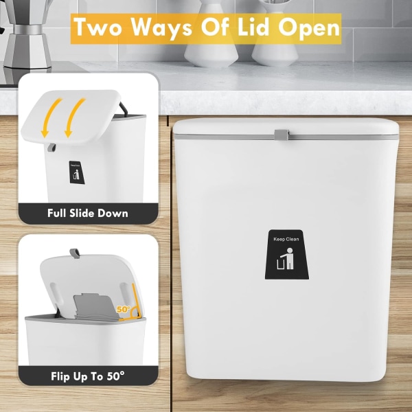9L hængende køkkenspand med låg, skabsspande til køkkendør, affaldsspand under vask på bordplade, hængende spand til kontor i soveværelset på badeværelset (hvid)