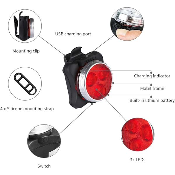 Superlys USB-oppladbare sykkellys, 4 lysstyrkemoduser foran og bak, vanntett sykkellys (2 kabler, 4 stropper)