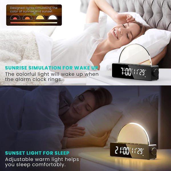 Herätyskello valolla, digitaalikello, analoginen auringonnousun herätys, useita värejä säädettävissä, kaksoisherätys, 18,9 * 12,8 * 4,28 cm