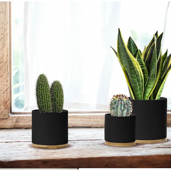 Keramisk Blomkruka Set med Bambusbricka Svart Inomhus Blomkruka Svart Blomkruka Set Keramisk Blomkruka Behållare Utomhus med Underfat (Stor)
