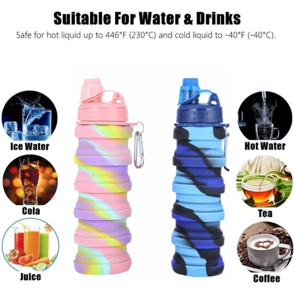 2 kpl Silikoni kokoontaitettava vesipullo uudelleen käytettävä kannettava taitettava vesipullo BPA-vapaa turvallinen ja terveellinen vuodonkestävä