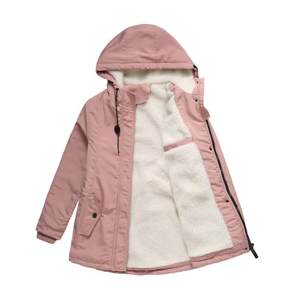 Varm vinterjacka för kvinnor med sherpafoder, tung parka med huva, rosa Pink L