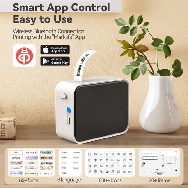 Bluetooth Etiketmaskine, P15 Mini Selvklæbende Etiketprinter, APP-forbindelse, Kompatibel med iOS og Android til Hjemmet (Beige)