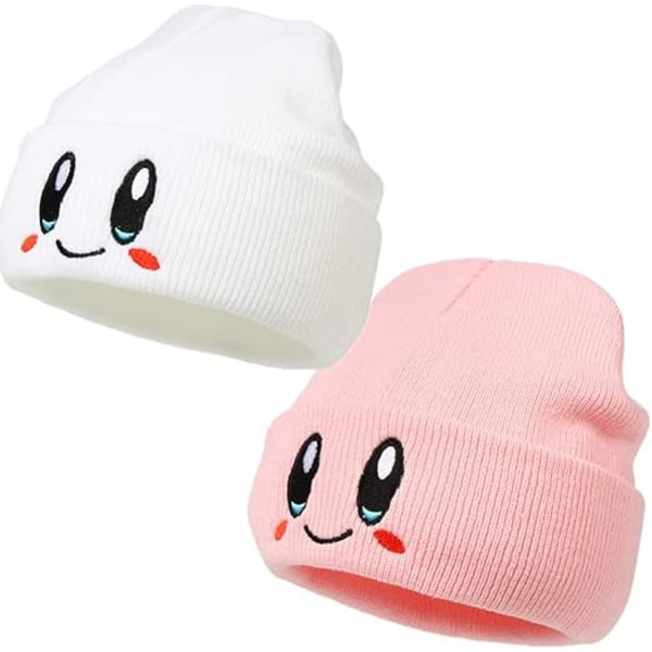 Pippo, Kirby-hattu, talvihattu, unisex, miehille, naisille, tytöille, pojille, lämmin neulottu hattu, 2 kappaleen pakkaus, vaaleanpunainen ja valkoinen, yksi koko