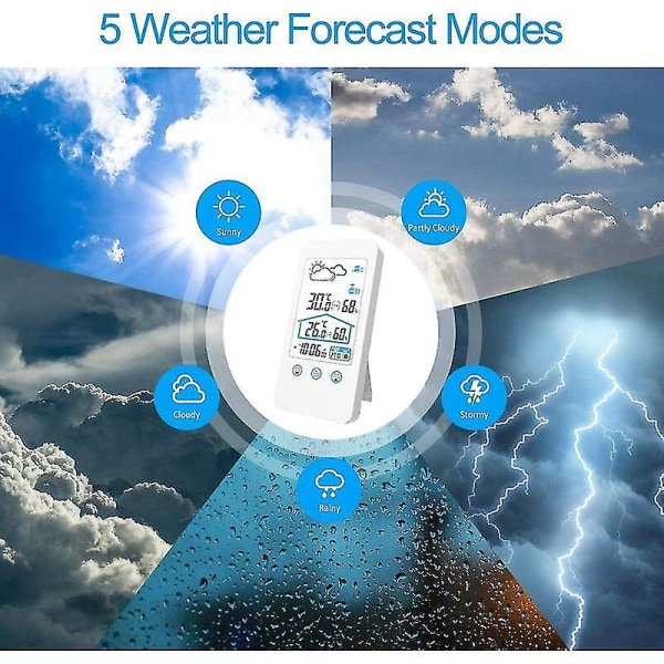 Trådløs værstasjon, innendørs trådløs digital innendørs termometer fuktighetsbarometer værstasjon klokke med utendørssensor (hvit) Hy