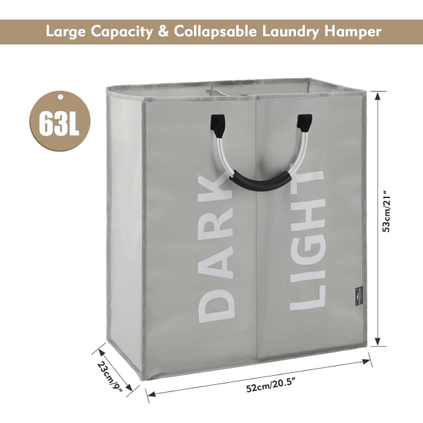 Stor sammenfoldelig vasketøjskurvpose med 2 sektioner til soveværelse, stof (grå)