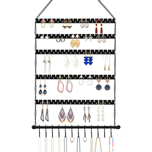 Metal Art korujen organizer seinään kiinnitettävä, riippuva korujen organizer seinäkorvakorujen organizer kaulakoru rannekorun pidike oven päällä, 6 kerrosta ja 10 koukkua