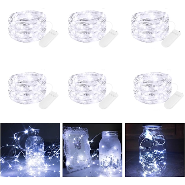 Batteridrevne LED-julelys, Kobbertråd Batteridrevne Lyslenker, Varmt Hvite Julelys Innendørs for Soverom Bryllup Krukker Flaskedekorasjoner White 6 Pack
