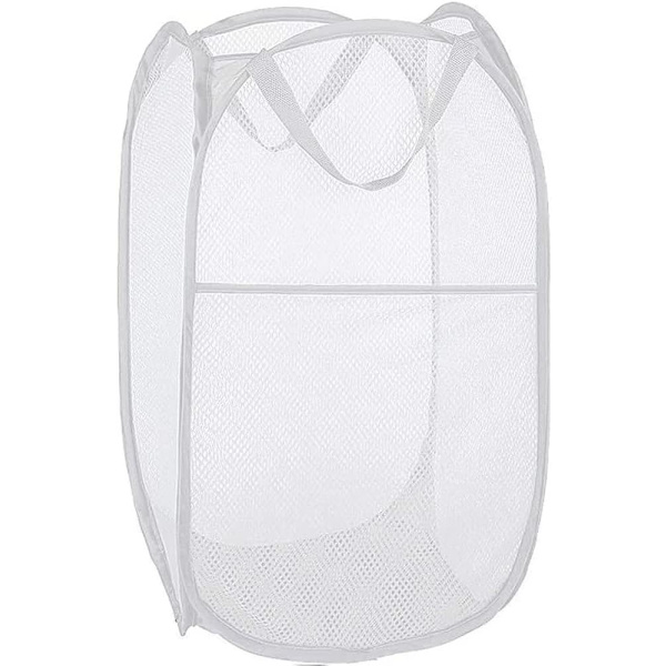 75L Deluxe Vahva Verkkokangas Ponnahduspyykki Hamper Kori Sivutaskulla Pyykkitupaan, Kylpyhuoneeseen, Lastenhuoneeseen, Yliopiston Asuntolaan Tai Matkustamiseen (Valkoinen, 36x36x60cm)